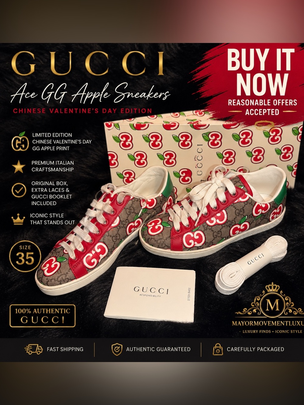 Gucci Ace GG Apple Print Sneakers Size 35 Limited Edition w/ Box & Extras